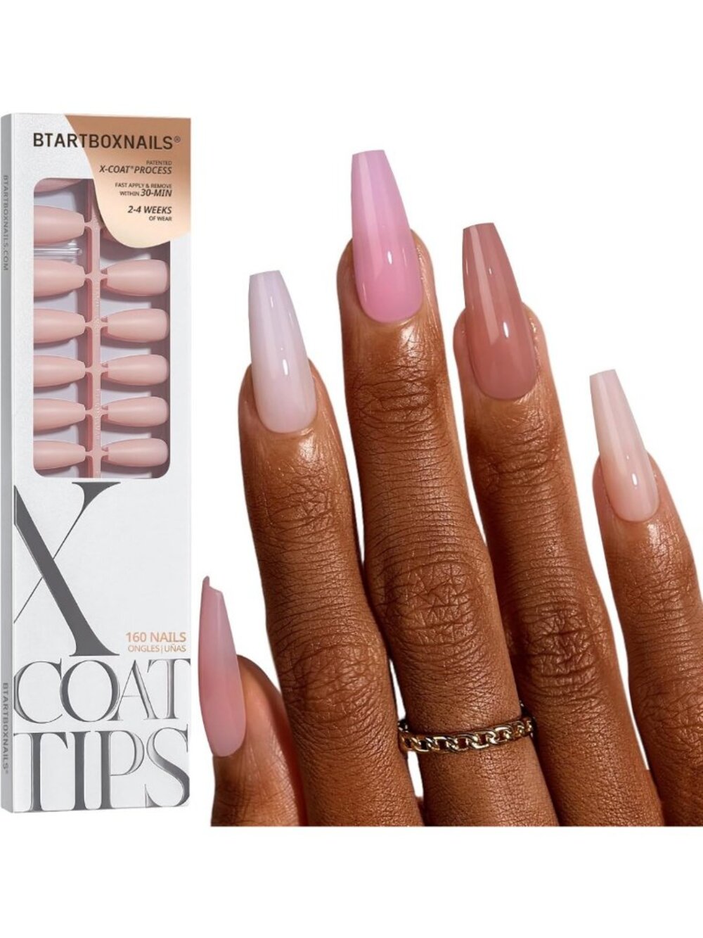 5-Shade Nude Press On Nails, Coffin Shape, Long Length, 160 Count - Perfect